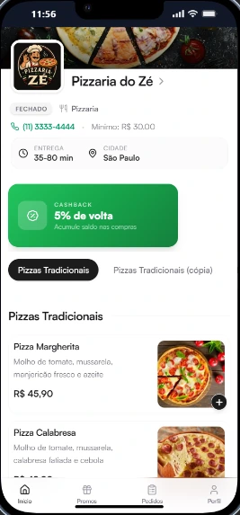 Cardápio digital do Teu Rango aberto no celular, mostrando a loja Pizzaria do Zé com cashback e a lista de pizzas
