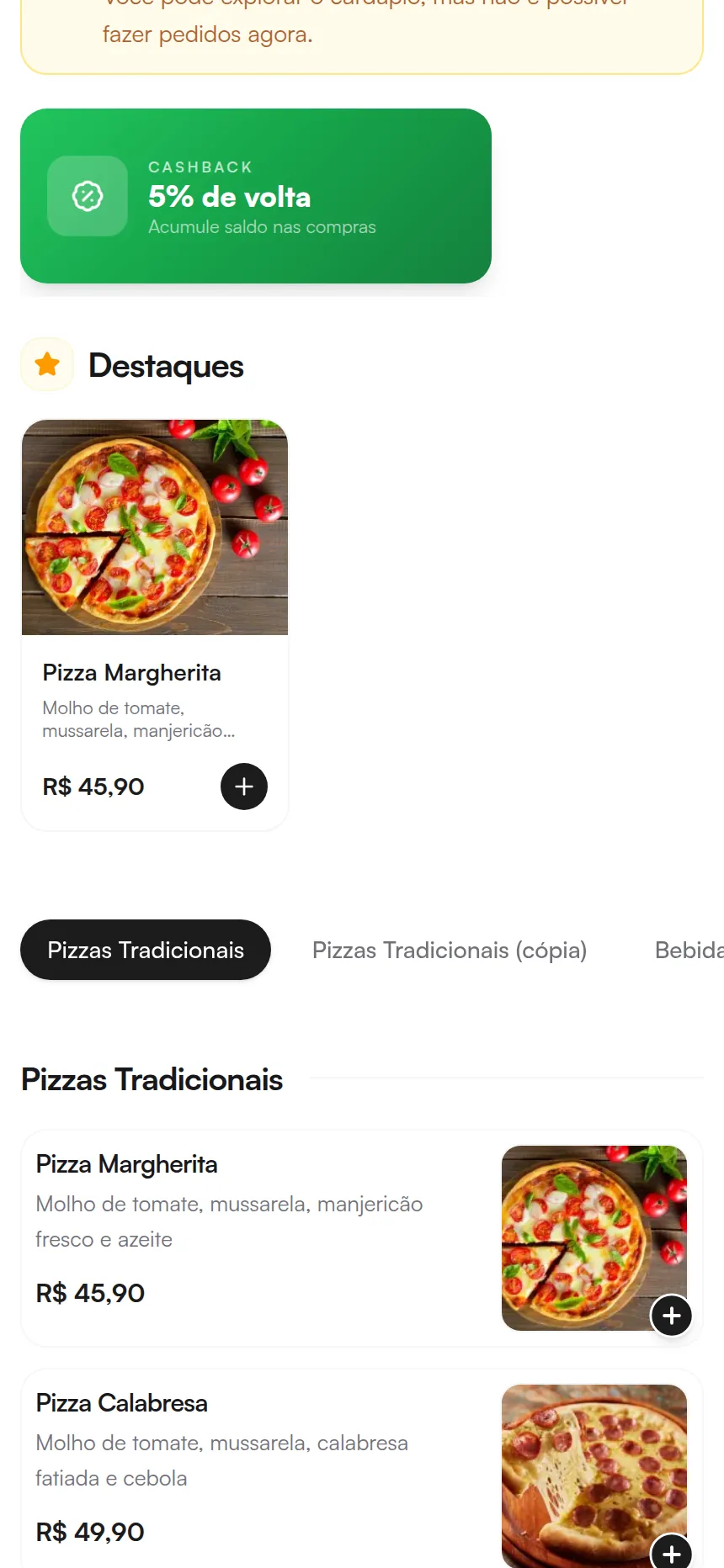 A mesma loja com a lista de pizzas, cada uma com foto, descrição e preço